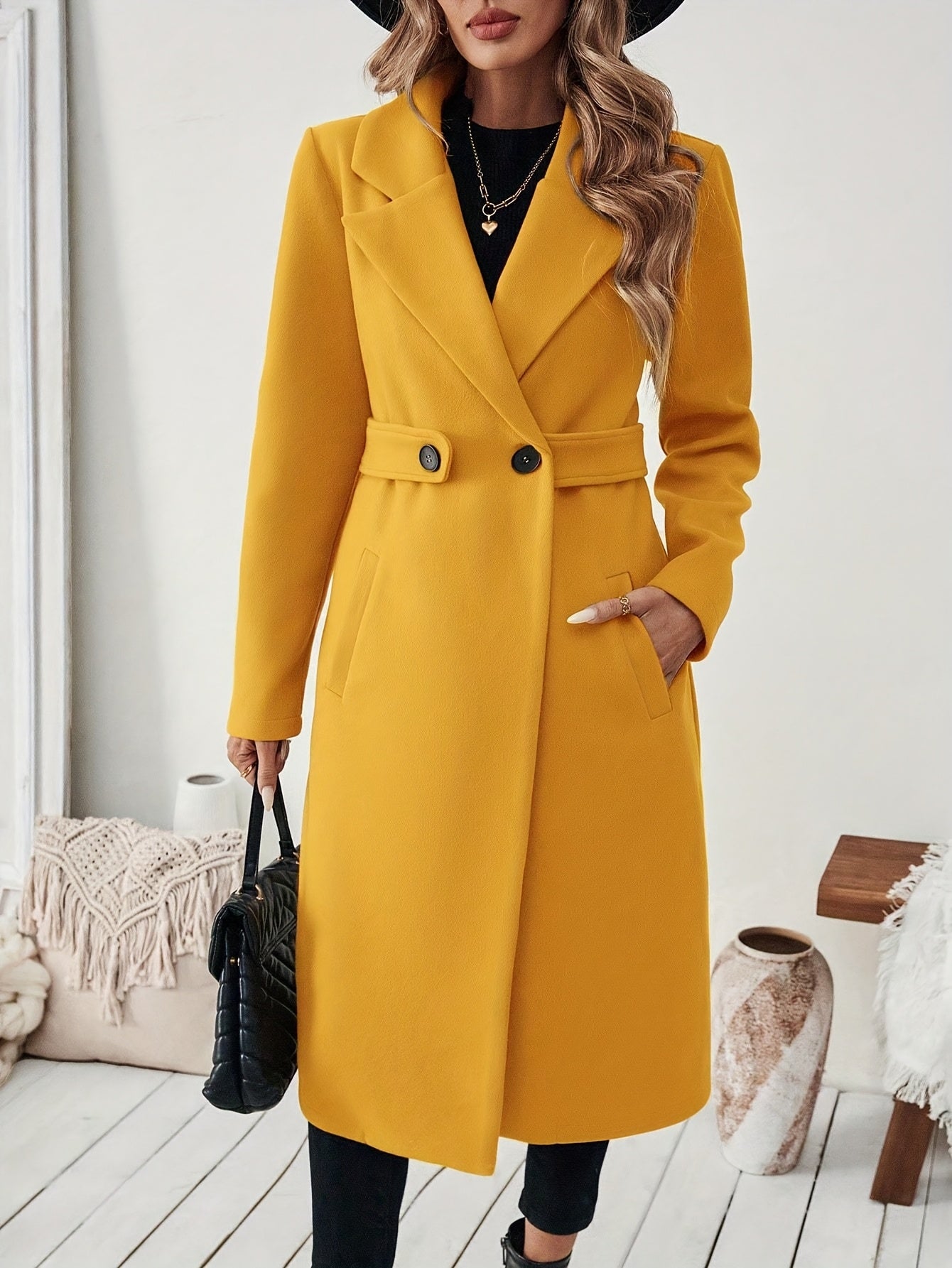 Women's Suit Collar Two-Tone Belted Long Coat - Elegant H-Line