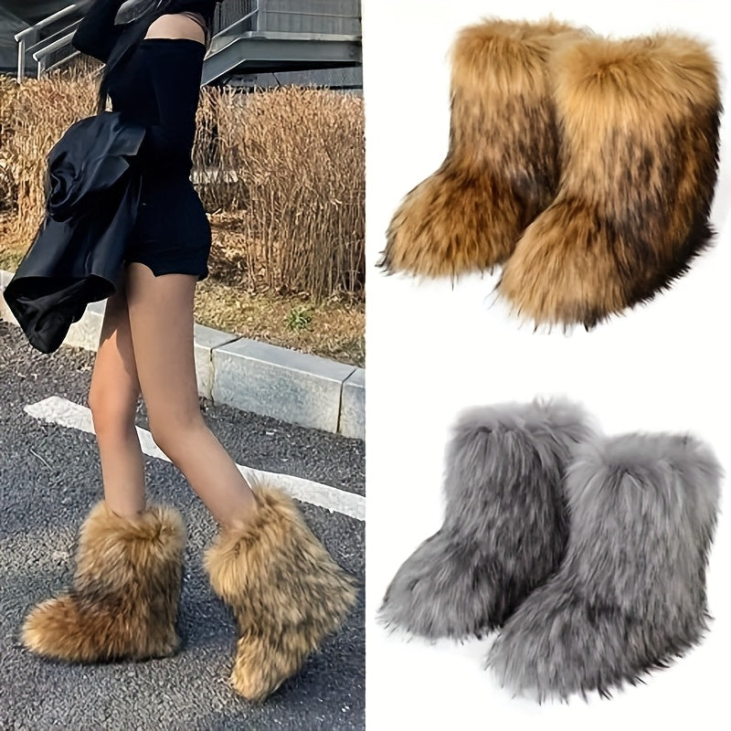 Women's Slip-On Mid-Calf Boots - Plush Faux Fur Lining Winter