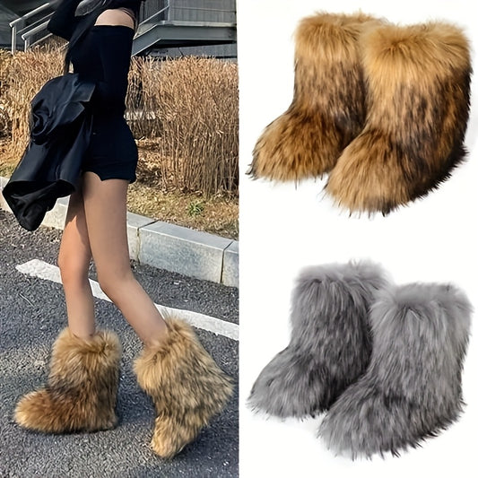 Women's Slip-On Mid-Calf Boots - Plush Faux Fur Lining Winter