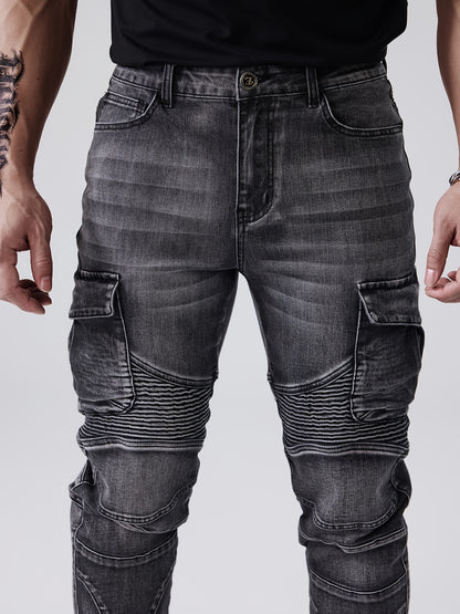 ESDVQ Men's Stretch Slim Multi-Pocket Jeans - Locomotive Stitching