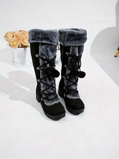 Women's Elegant Winter Faux Fur-Lined Boots - Pom-Pom