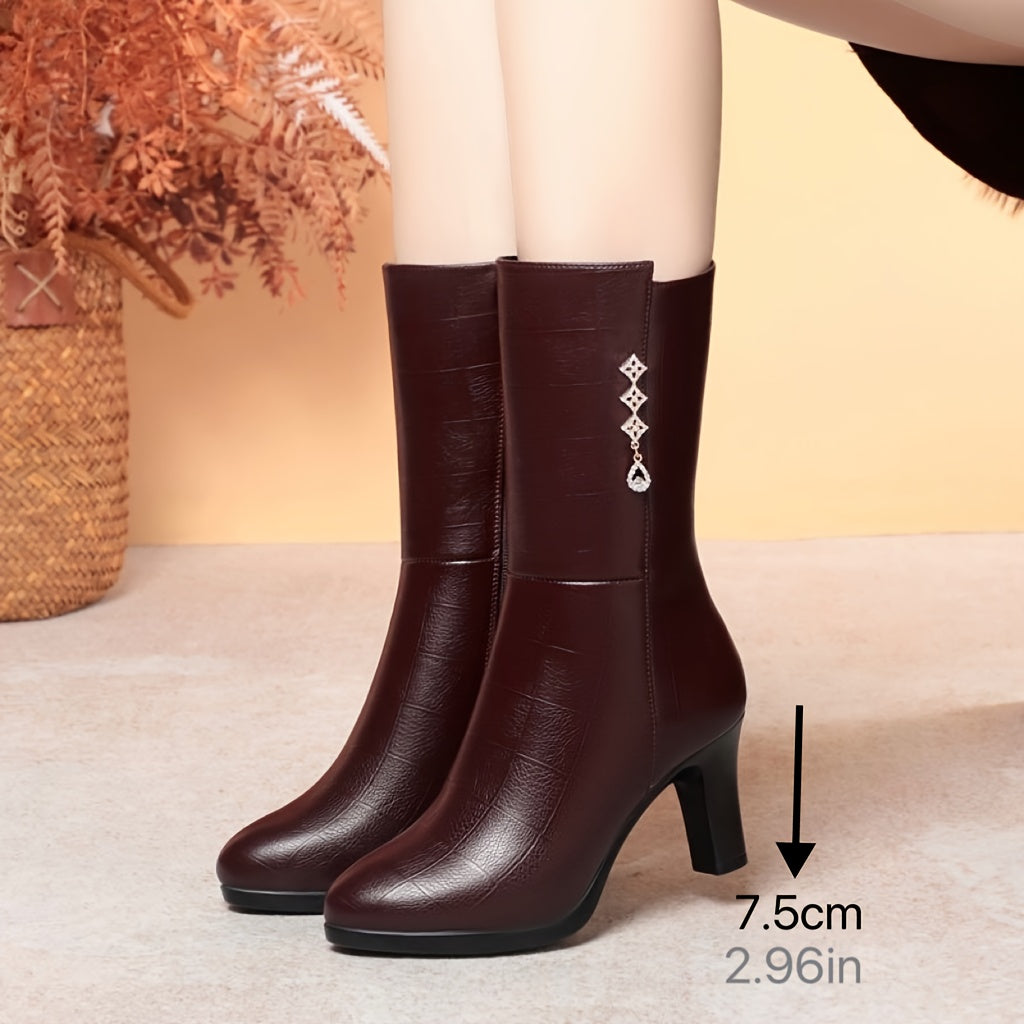 Women's Fleece-Lined Mid-Calf Boots - Rhinestone