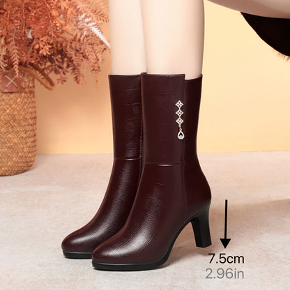 Women's Fleece-Lined Mid-Calf Boots - Rhinestone