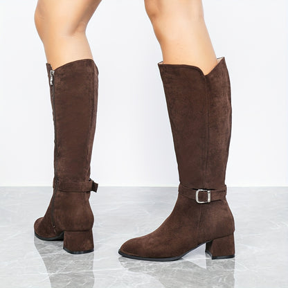 Women's Chunky Heeled Velvet Knee Boots - Side Zipper Knight