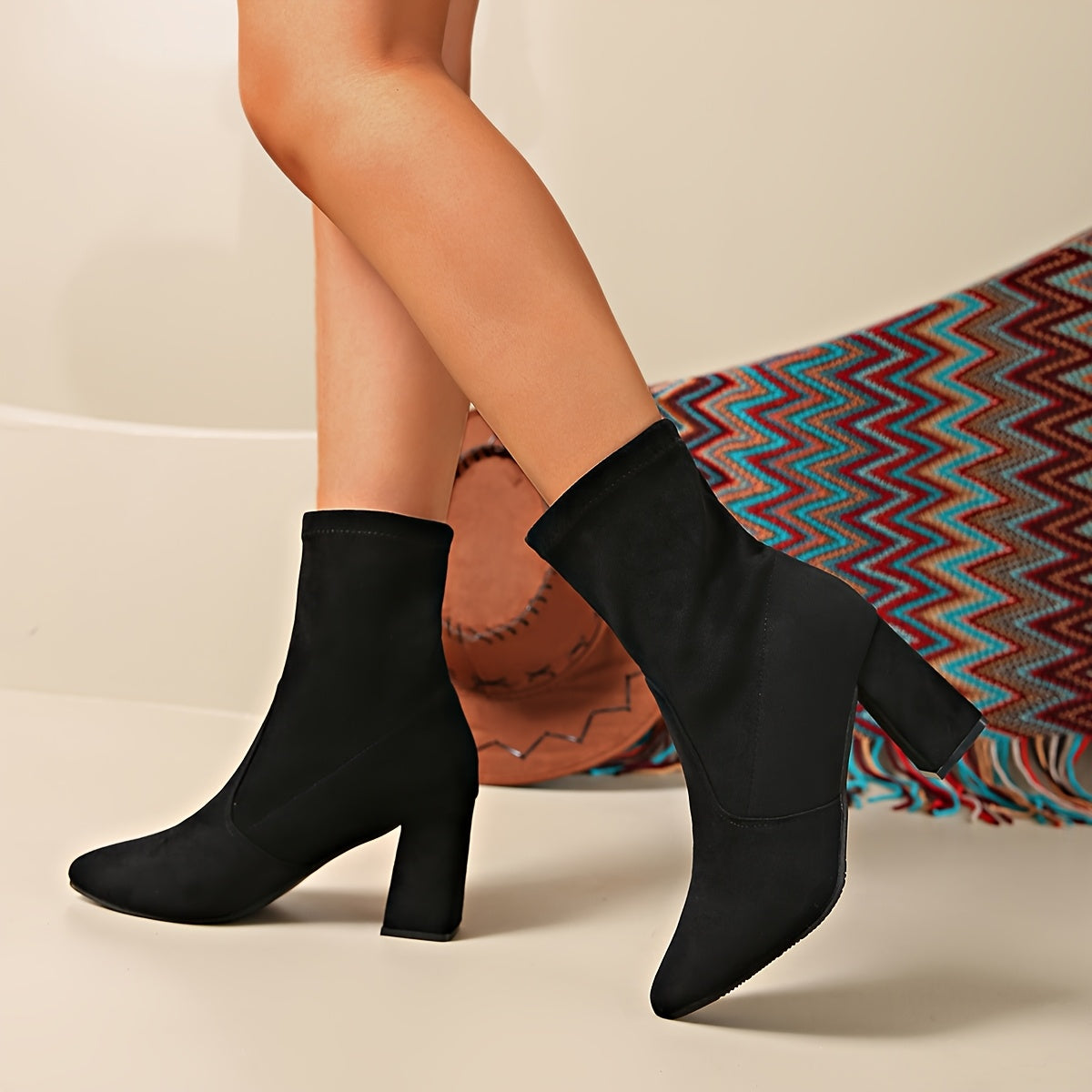 Women's Chunky High Heel Boots - Slip-On Platform Black