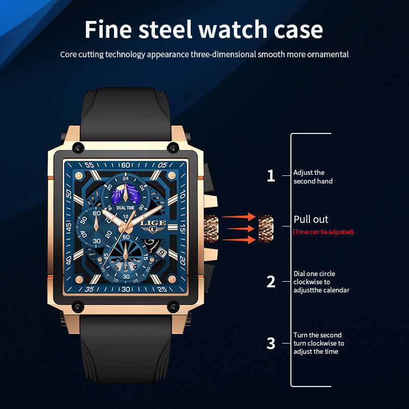 LIGE Vintage Quartz Watch - Hollow Dial Lunar Phase & World Time