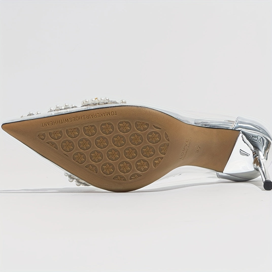 Transparent Pearl-Embellished Pointed-Toe Stiletto Heels