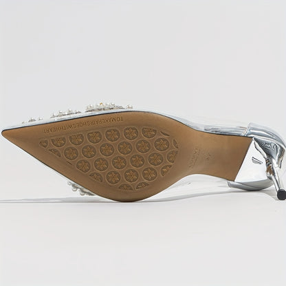 Transparent Pearl-Embellished Pointed-Toe Stiletto Heels