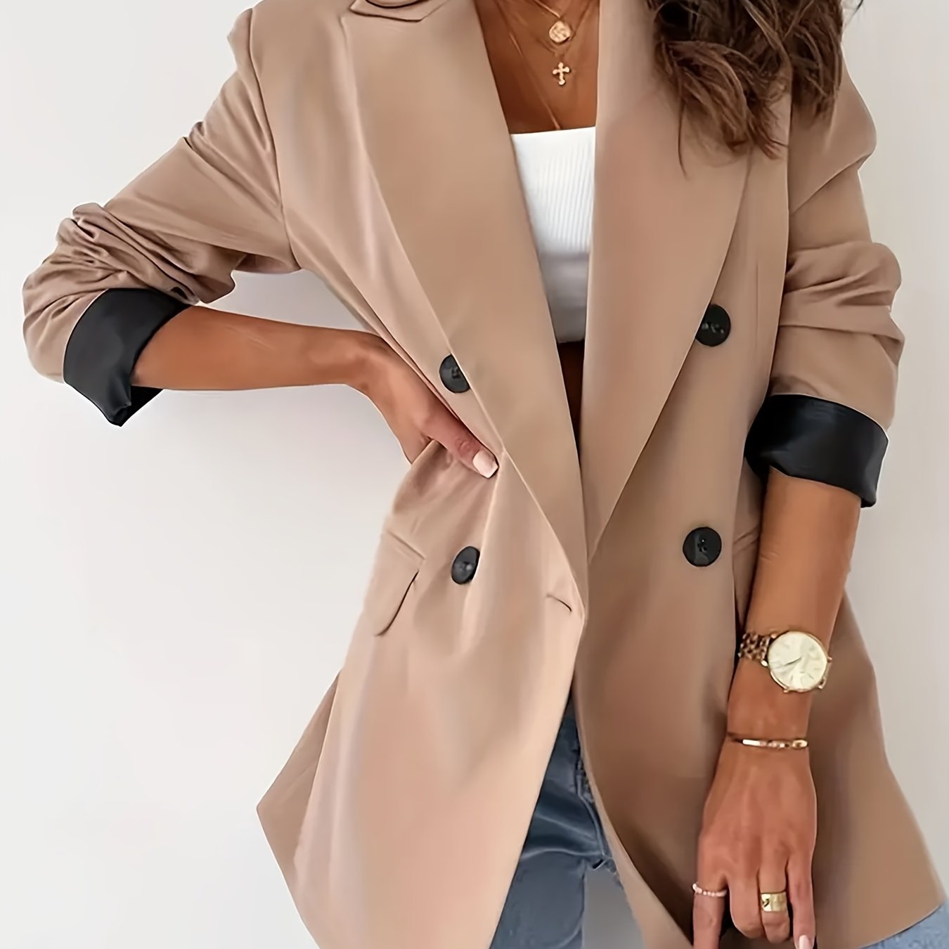 Women's Double Breasted Lapel Blazer - Elegant Long Sleeve