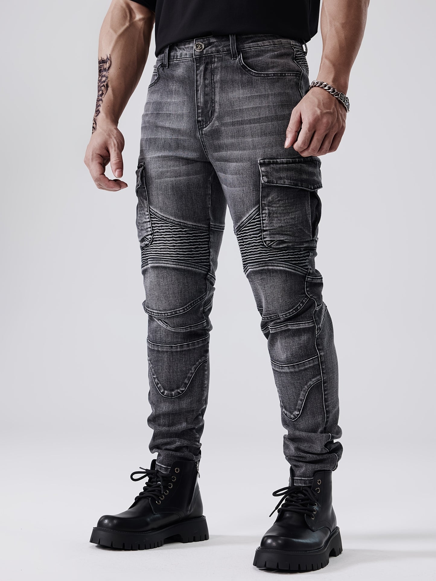 ESDVQ Men's Stretch Slim Multi-Pocket Jeans - Locomotive Stitching