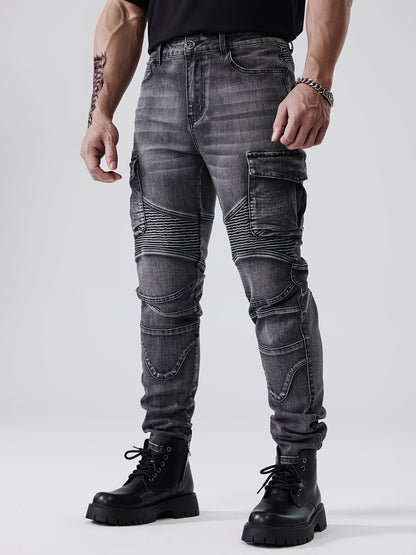 ESDVQ Men's Stretch Slim Multi-Pocket Jeans - Locomotive Stitching