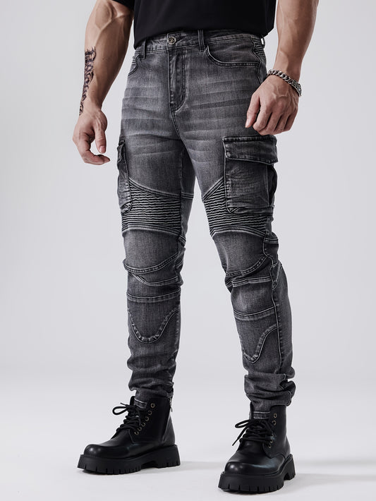 ESDVQ Men's Stretch Slim Multi-Pocket Jeans - Locomotive Stitching