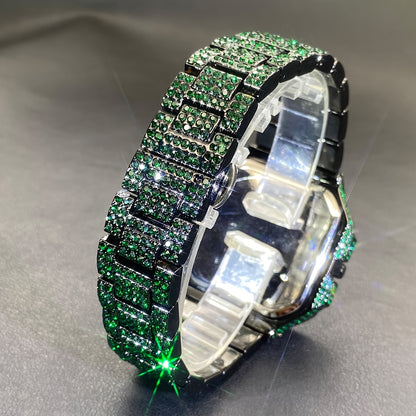 MISS FOX Square Rhinestone Quartz Watch - Green Dial Unisex IP65
