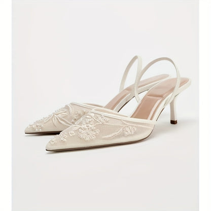Embroidered Pointed-Toe Slingback Kitten Heels in Ivory
