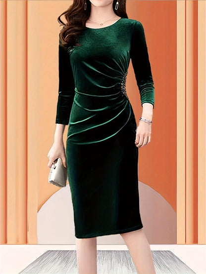 Women's Velvet Zipper Slit Dress - Elegant Slim Fit Ruched 3/4 Sleeve