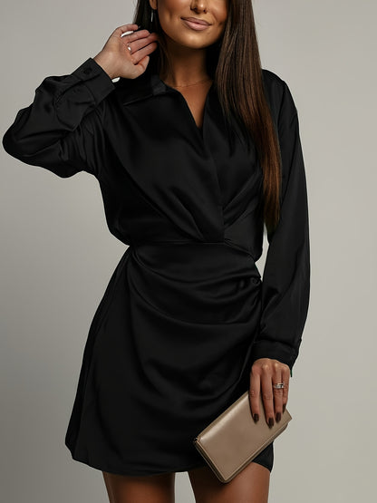 Women's Elegant Long Sleeve Mini Dress - Lapel Collar Draped