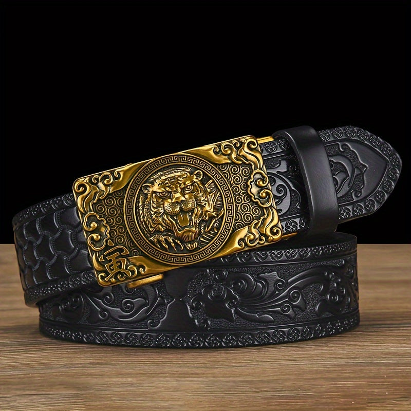 Vintage Genuine Leather Belt - Tiger Head Automatic Buckle