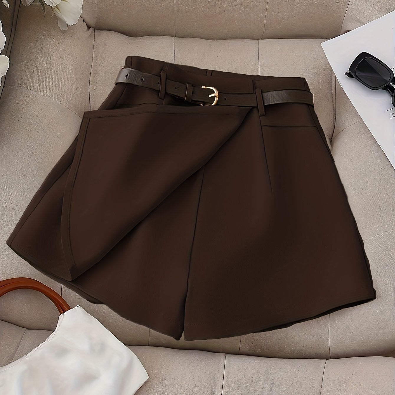 Women's Fashion Solid Color Shorts - Faux Pocket with Belt