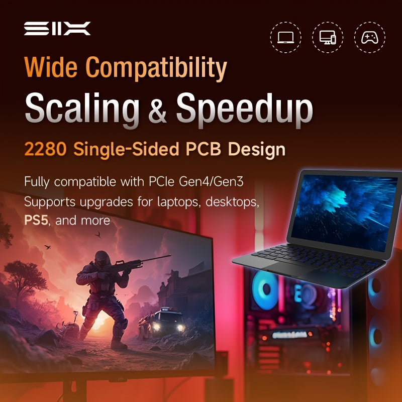 SIX X7400-Pro 1 TB/2 TB 7350 MB/s Lesegeschwindigkeit | PCIe 4.0 NVMe, robust und zuverlässig für Gaming, Büro und Content-Erstellung, mit elegantem Metalldesign und leistungsstarkem Kühlsystem, Gaming-Zubehör, professionelles Erscheinungsbild, H