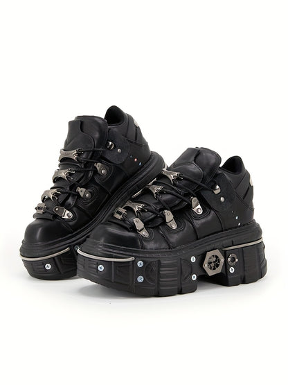 Women's Black Punk Platform Sneakers - High Heel Metal Decor Y2K