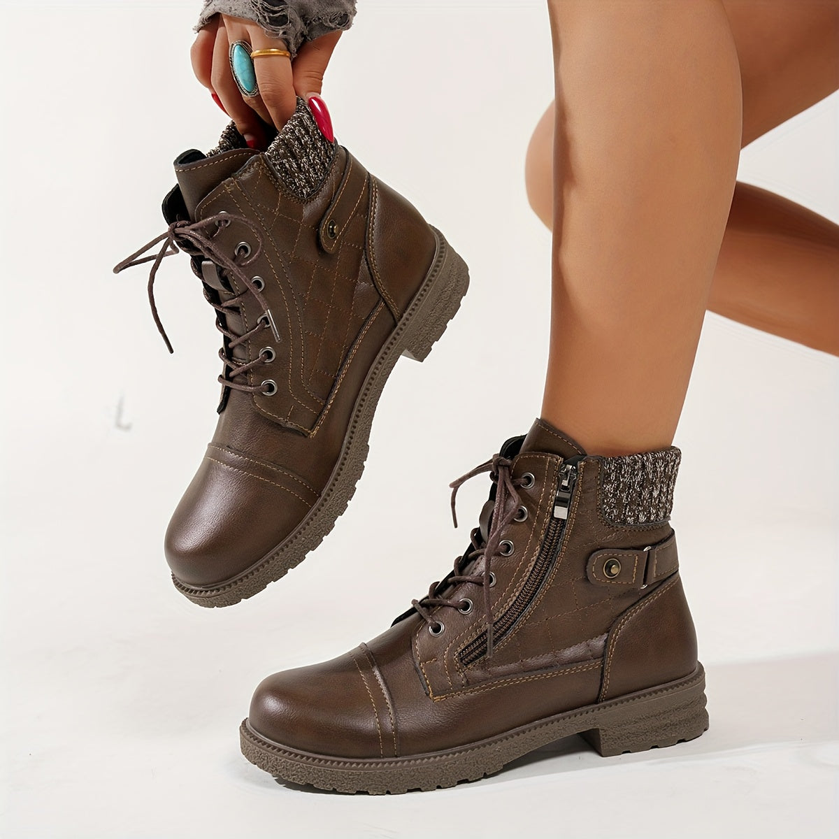 Women's Boots - Chunky Heel Lace-Up Side Zipper