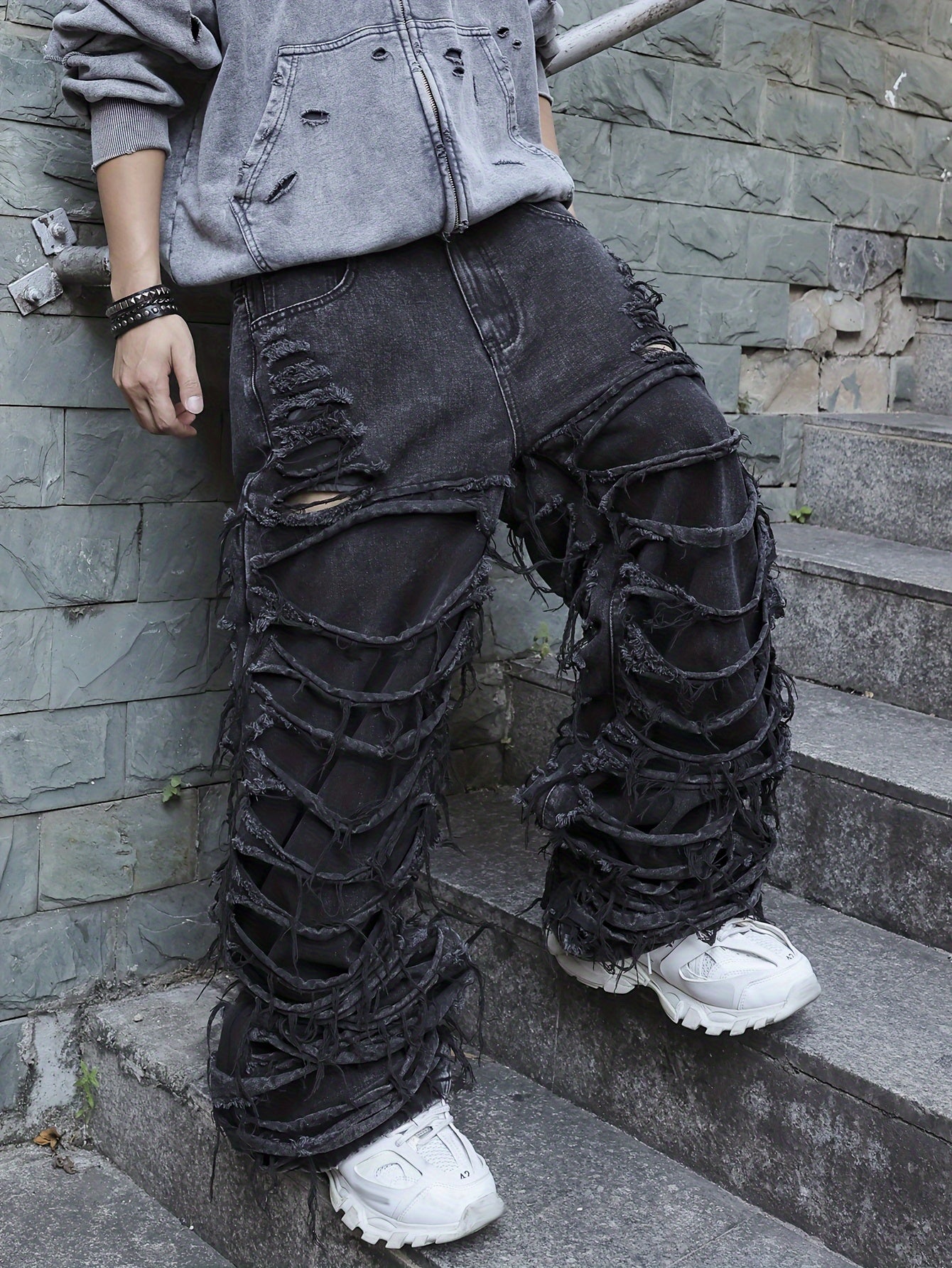 Men'S Streetwear Denim Wide-Leg Pants - Distressed, Loose Fit, Black, Casual Style, All-Season Wear, Non-Stretch Fabric, Perfect for Weekend Outings, Streetwear Fashion | Distressed Denim | Nonstretch Fabric