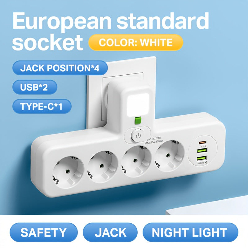EU Plug Power Strip - 4 Sockets 2 USB Ports Night Light