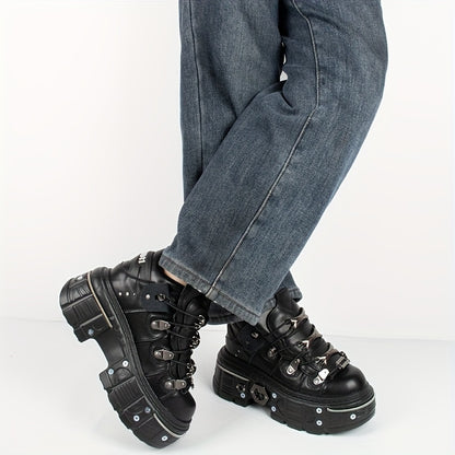 Women's Black Punk Platform Sneakers - High Heel Metal Decor Y2K