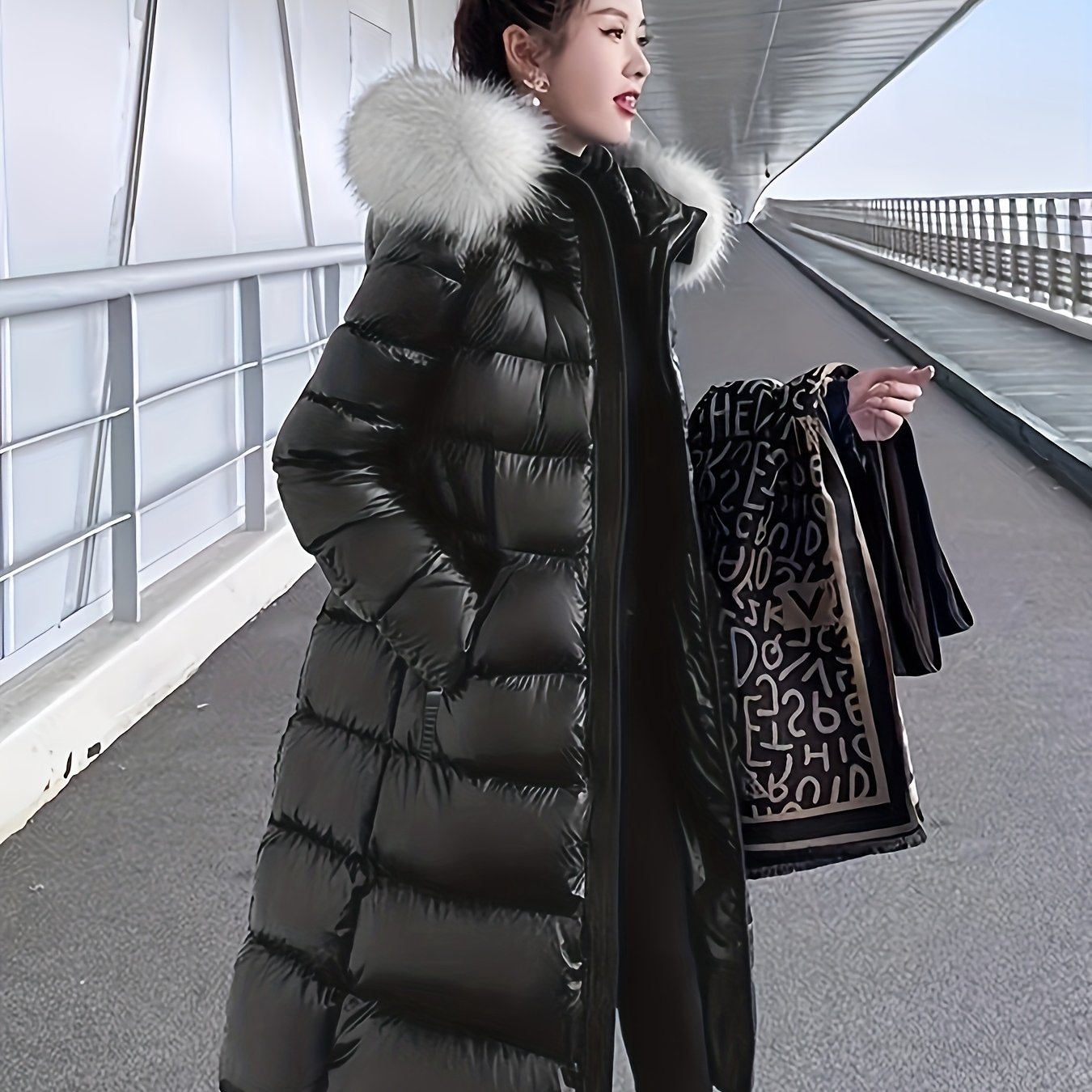 Women's Elegant Longline Coat - Faux Fur Hood