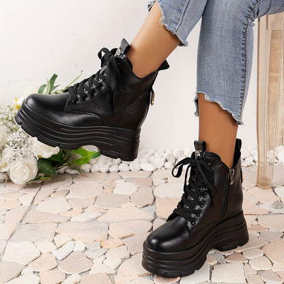 Women's Chunky Platform Ankle Boots - Fleece-Lined Black British