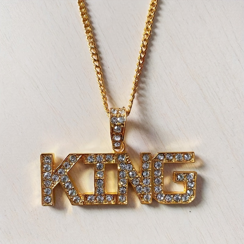 76cm Cuban Chain Iced Out King Pendant Necklace - White Gold Plated