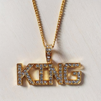 76cm Cuban Chain Iced Out King Pendant Necklace - White Gold Plated