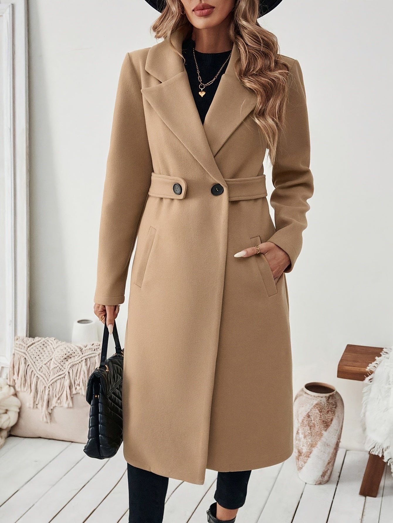 Women's Suit Collar Two-Tone Belted Long Coat - Elegant H-Line