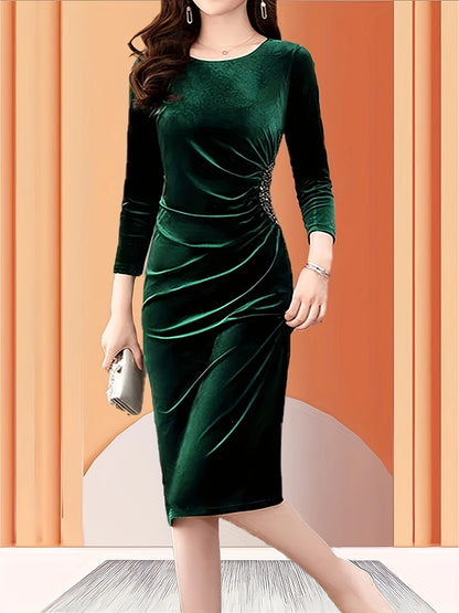 Women's Velvet Zipper Slit Dress - Elegant Slim Fit Ruched 3/4 Sleeve