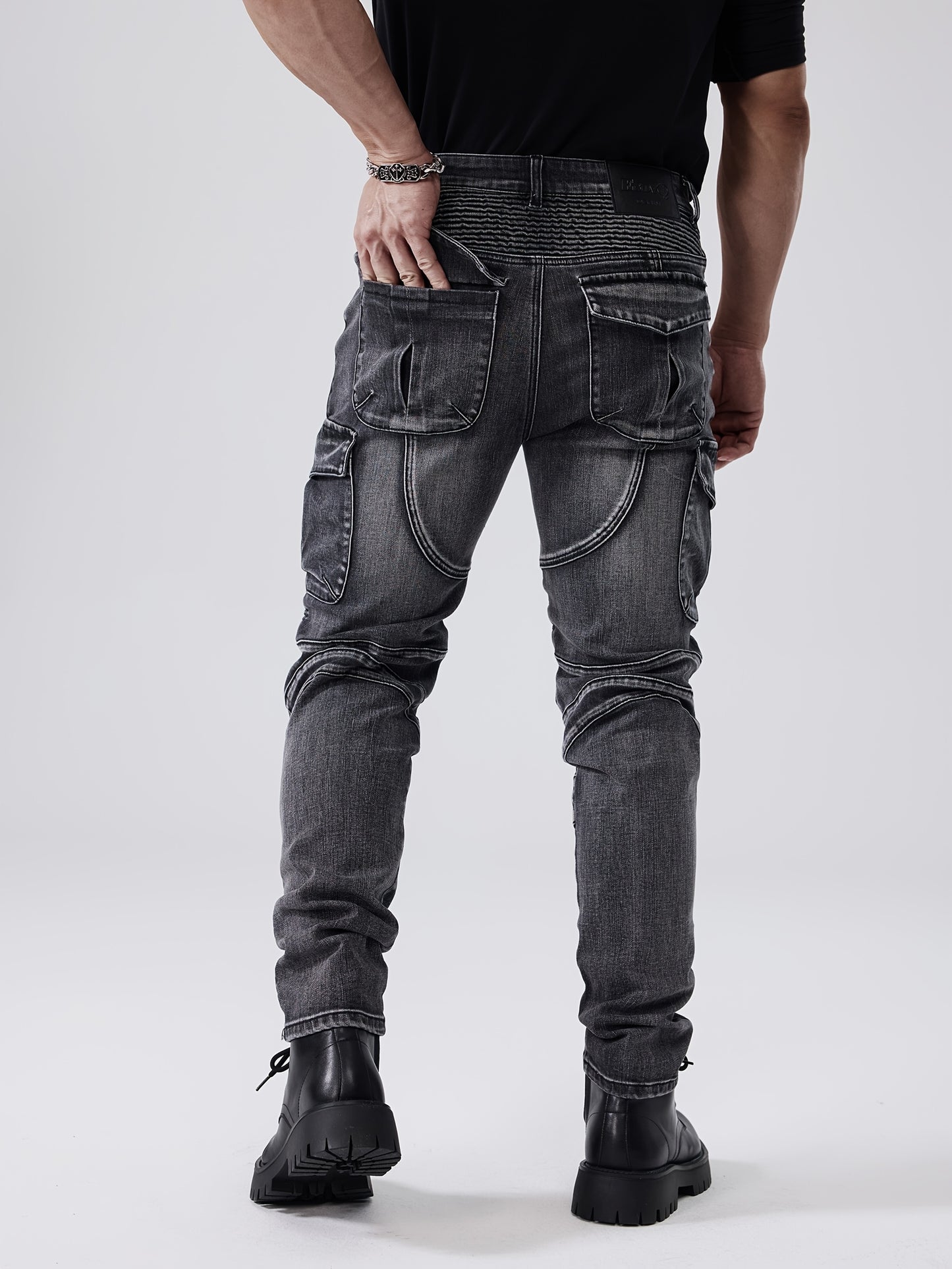 ESDVQ Men's Stretch Slim Multi-Pocket Jeans - Locomotive Stitching