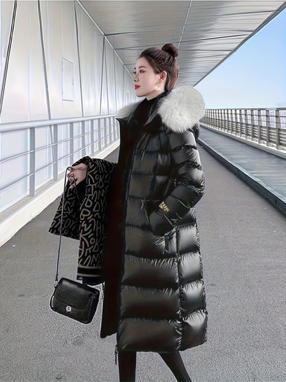 Women's Elegant Longline Coat - Faux Fur Hood