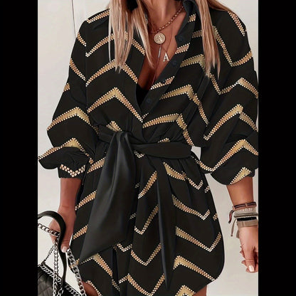 Women's Chevron Print Button Front Dress - Half Sleeve Tie Waist