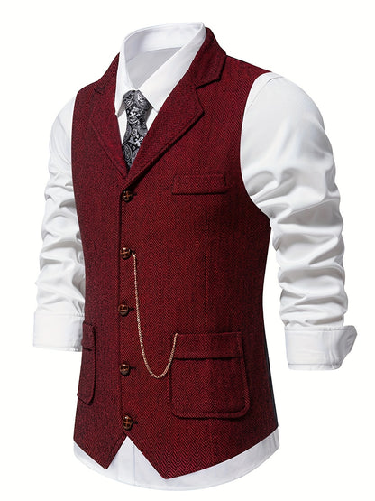 Men's Herringbone Tweed Vest - Single-Breasted Chain Detail Brown