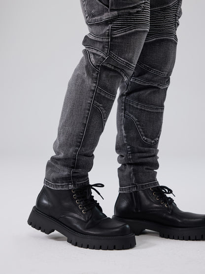 ESDVQ Men's Stretch Slim Multi-Pocket Jeans - Locomotive Stitching