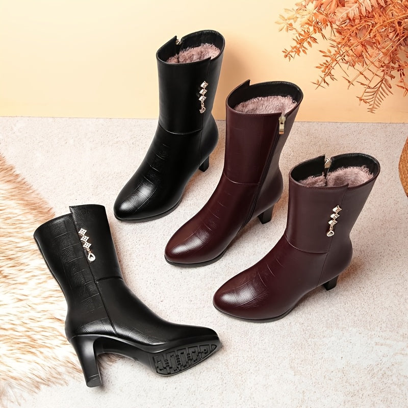 Women's Fleece-Lined Mid-Calf Boots - Rhinestone