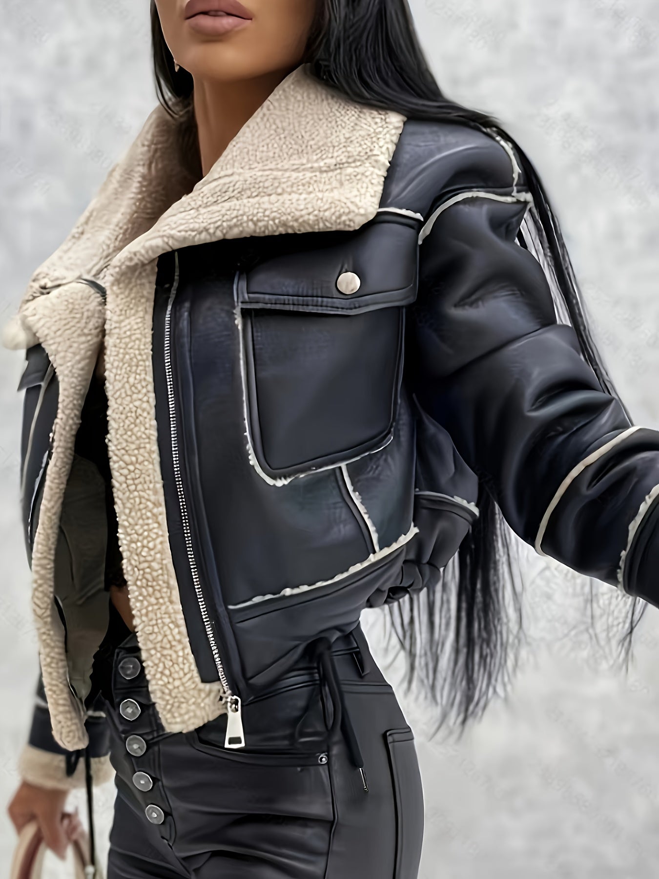 Women's Faux Shearling Biker Jacket - Lapel Collar Zip-Up