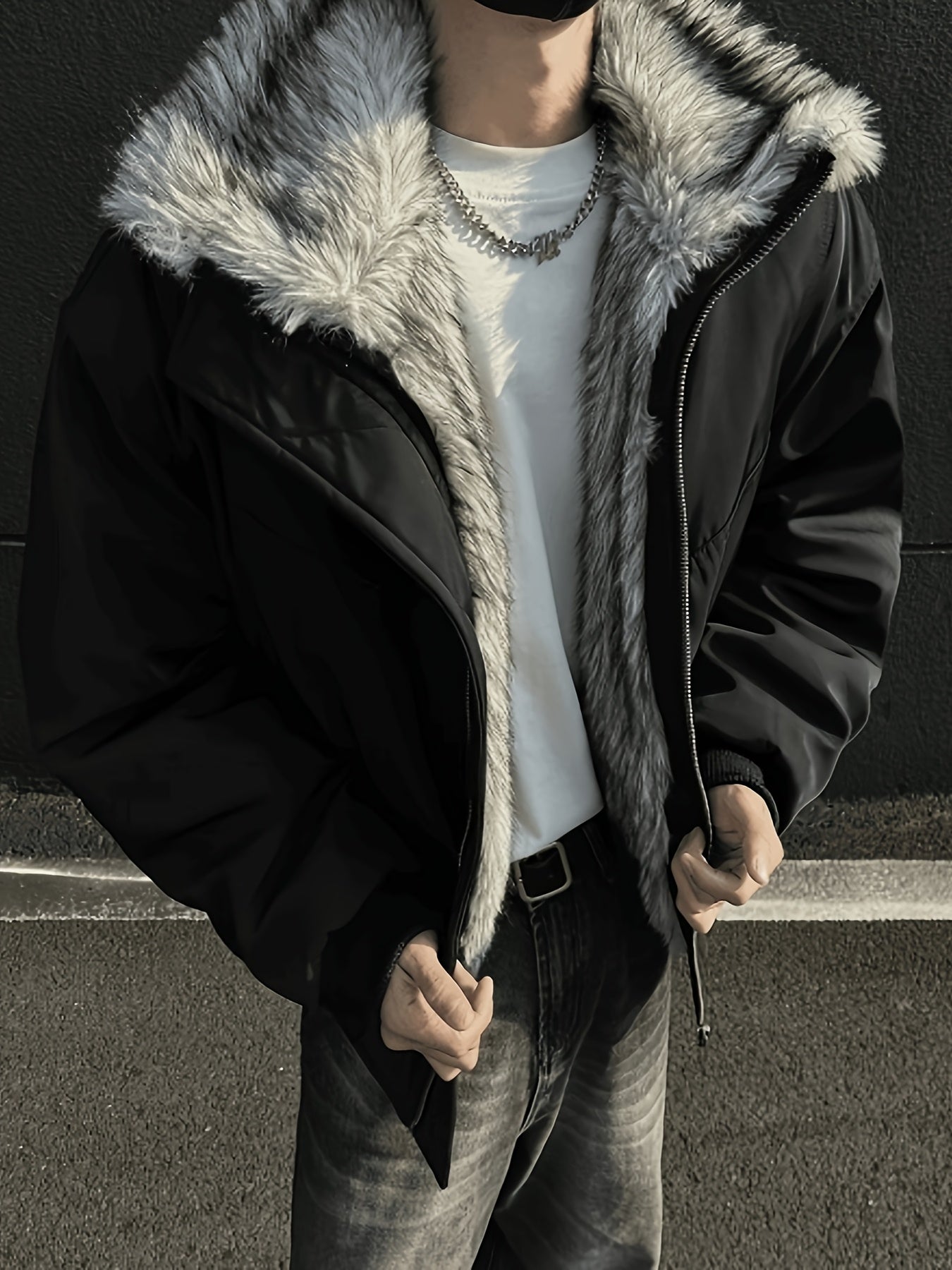 Men'S High-End Hooded Coat with Fur Collar, Thick And Warm.