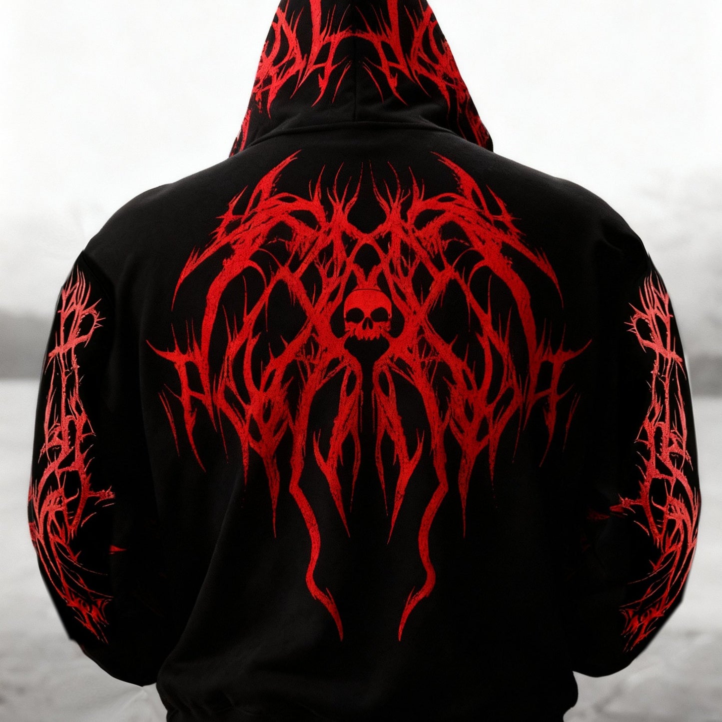 Men's Gothic Skull Print Zip Hoodie - Loose Fit with Pockets