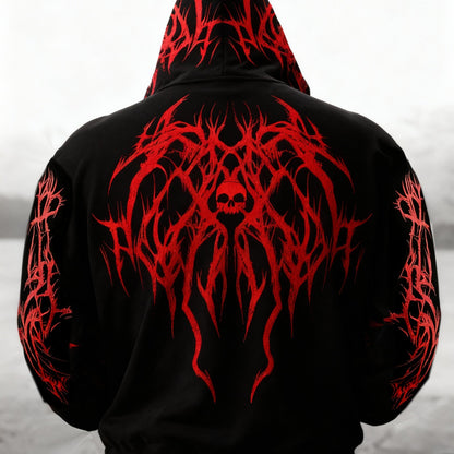 Men's Gothic Skull Print Zip Hoodie - Loose Fit with Pockets