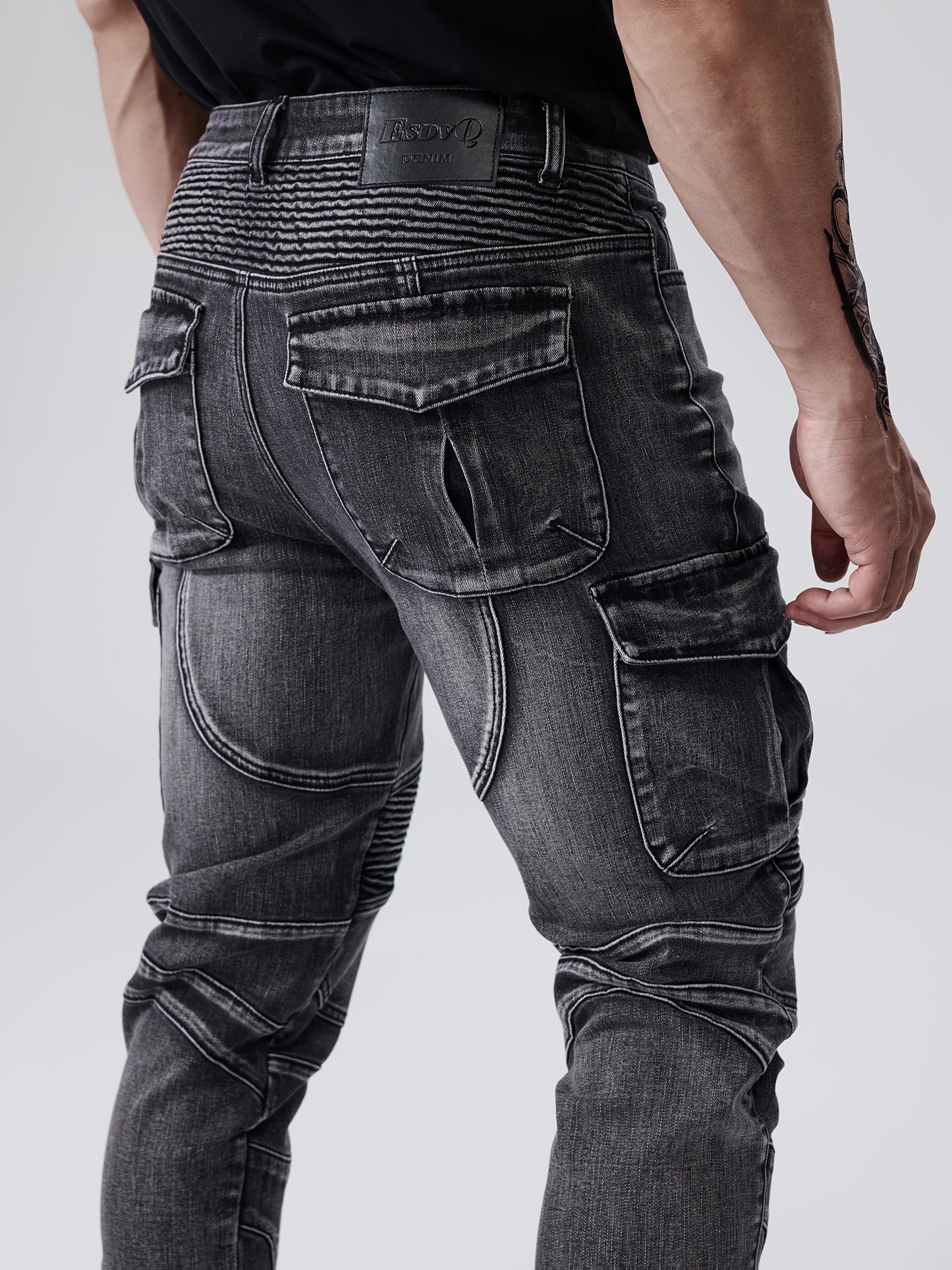 ESDVQ Men's Stretch Slim Multi-Pocket Jeans - Locomotive Stitching