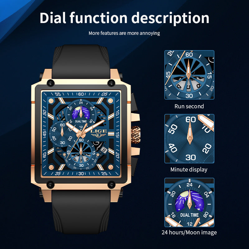 LIGE Vintage Quartz Watch - Hollow Dial Lunar Phase & World Time