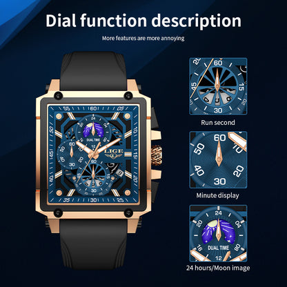 LIGE Vintage Quartz Watch - Hollow Dial Lunar Phase & World Time