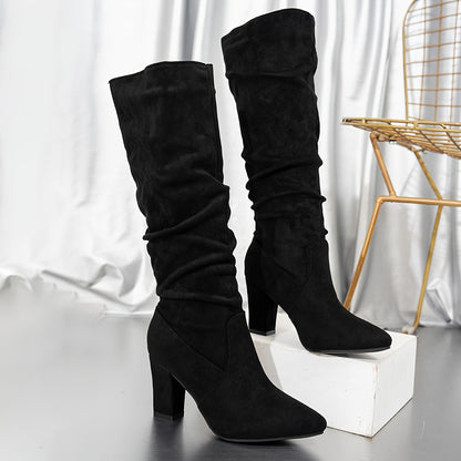 Women's Fashion Knee-High Boots - Velvet Accents Pointed Toe