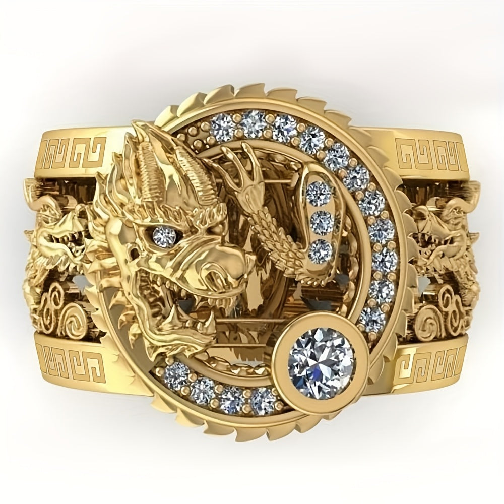 Chinese Dragon Ring for Men - Copper with Zircon Accents