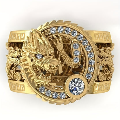 Chinese Dragon Ring for Men - Copper with Zircon Accents